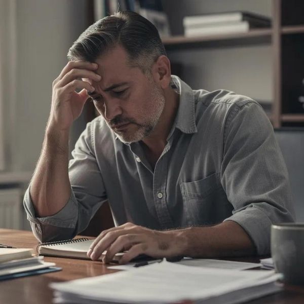 A fatigued man in his late forties sits at a desk, resting his hand on his forehead, possibly reflecting on the challenges of low testosterone levels and the effects of hormone replacement therapy on his overall health. His expression suggests he may be experiencing symptoms related to hormonal imbalances, such as low libido and fatigue.