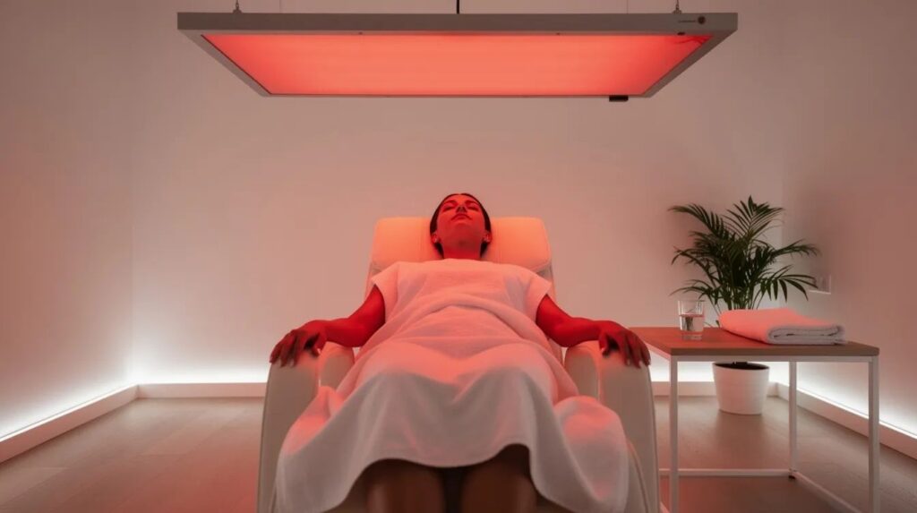 A person is relaxing under warm red light panels in a clean, modern wellness room, experiencing the benefits of red light therapy. This serene environment is designed for detoxification and stress relief, making it an ideal spot for individuals seeking relaxation in North Andover, MA.