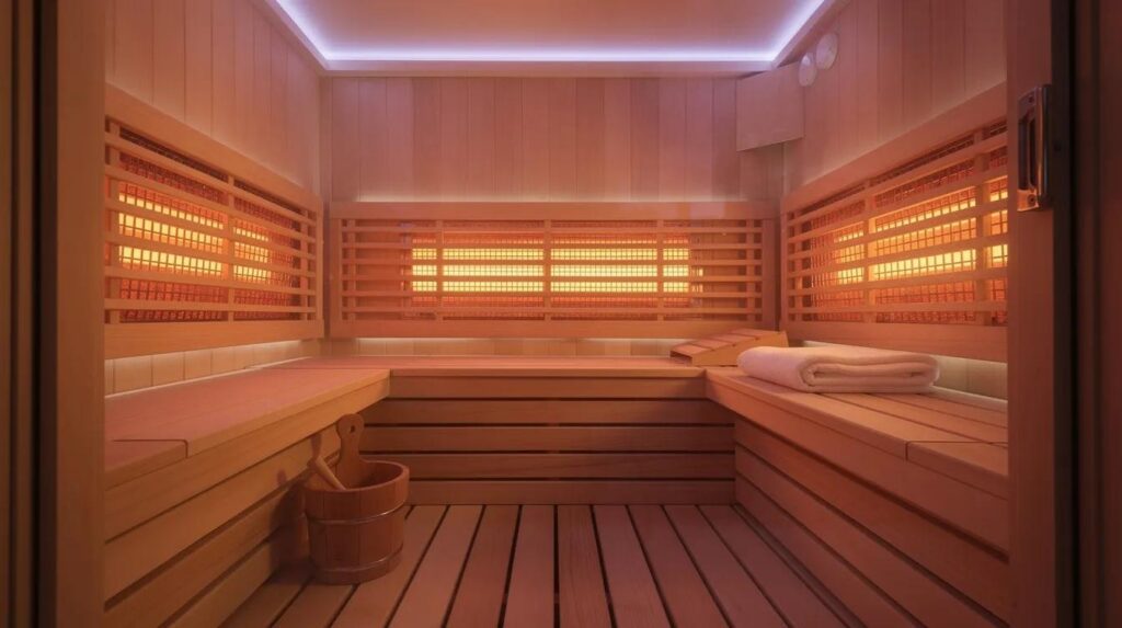 The image depicts a cozy infrared sauna cabin interior, featuring warm wooden benches and soothing ambient colored lighting, ideal for relaxation and wellness. This serene space is designed for individual use, promoting benefits such as detoxification and stress relief through red light therapy.