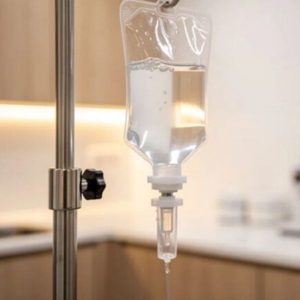 A clear IV bag suspended from a pole, illuminated by warm lighting in a pristine wellness center. This setting suggests a focus on optimal health and hydration therapy, where licensed healthcare providers administer IV treatments to enhance overall wellness and support energy levels.