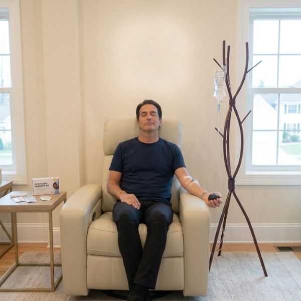 A relaxed man receiving NAD IV therapy at Bonfire Wellness.