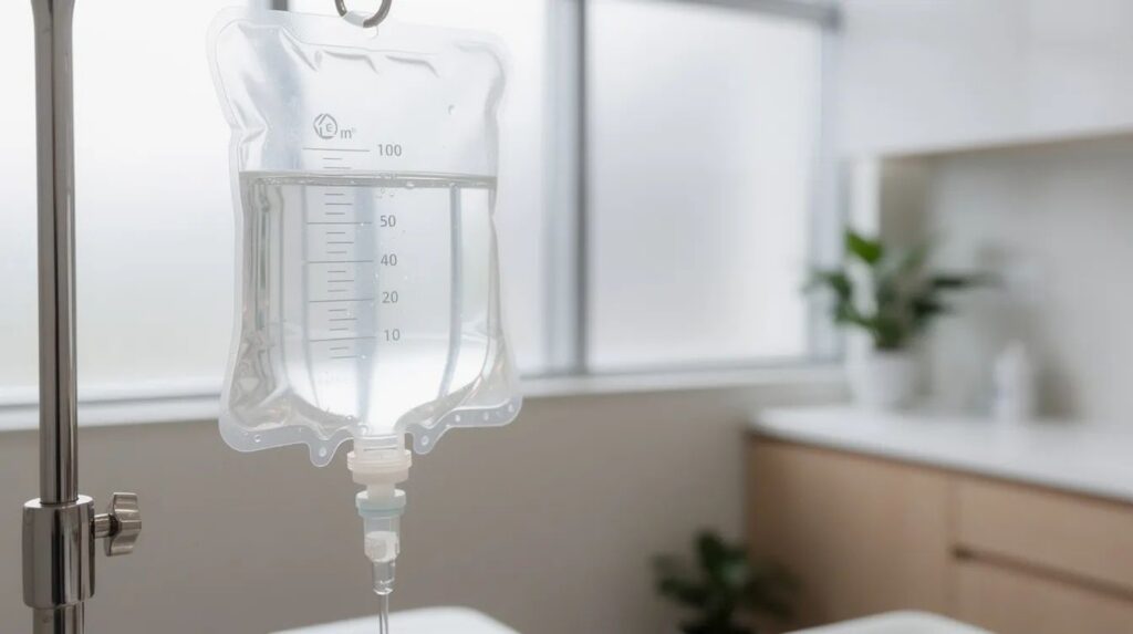 A close-up view of a clear IV drip bag suspended from a stand in a bright, modern wellness room, designed to support overall wellness and enhance energy levels. The clean environment suggests a focus on individualized care and wellness services, such as IV therapy sessions that promote immune health and recovery.