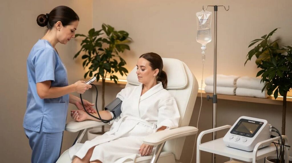 A wellness provider in scrubs is checking a client's blood pressure in a spa-like setting before starting an IV drip. This personalized care aims to support overall wellness and enhance energy levels through essential vitamins and nutrients delivered directly into the bloodstream.
