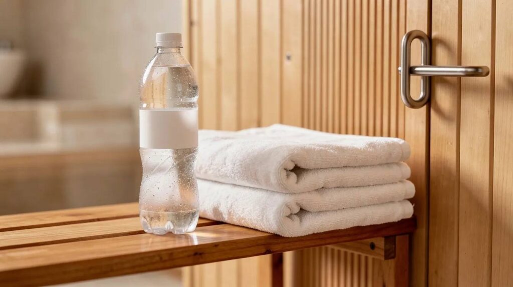 The image shows a water bottle and neatly folded towels placed on a wooden bench next to the door of a sauna cabin, suggesting a serene environment for relaxation and wellness. This setup is ideal for individuals seeking the benefits of sauna therapy, including detoxification and stress relief.