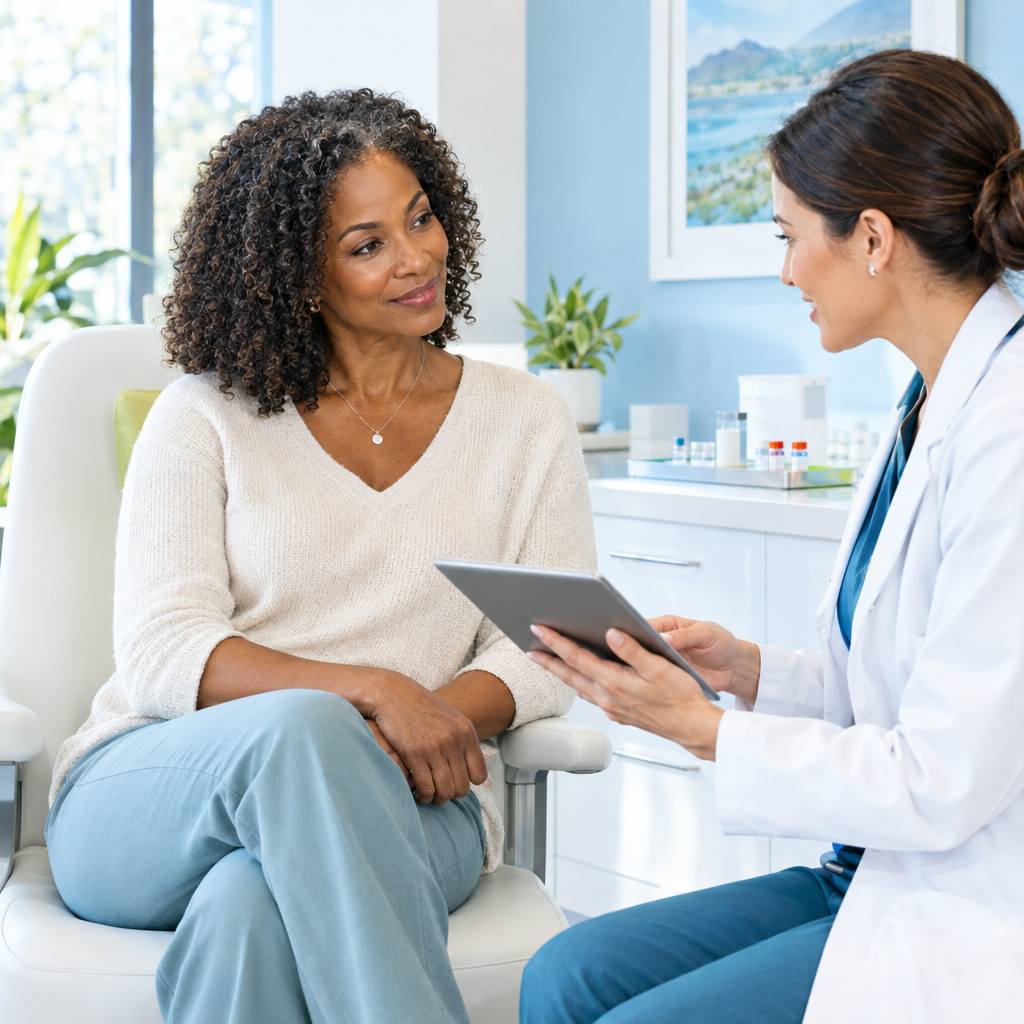 A doctor with a tablet carefully explains the mechanism of peptide treatments and answers questions for an attentive, mature patient.