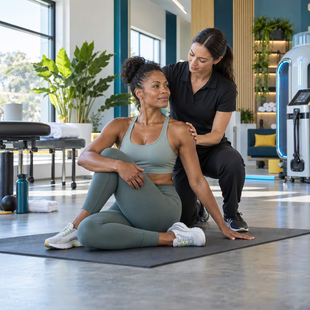 A female client in athletic wear performing a seated torso twist stretch on a mat with gentle guidance from a trainer.
