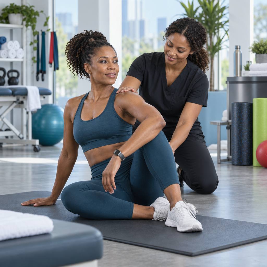 A specialist supporting a woman during a seated seated rotational stretch in a well-equipped wellness studio.