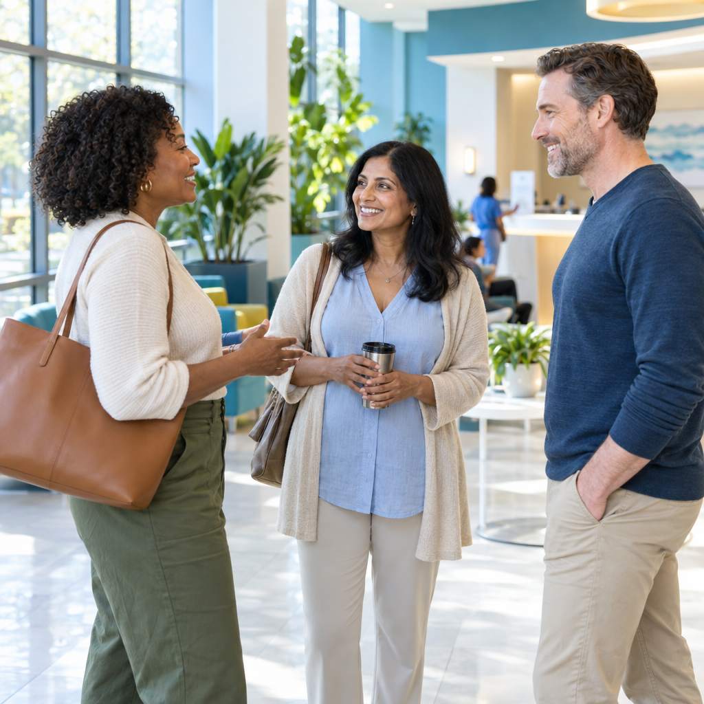 Three smiling adults standing and chatting in a bright, modern health clinic lobby.